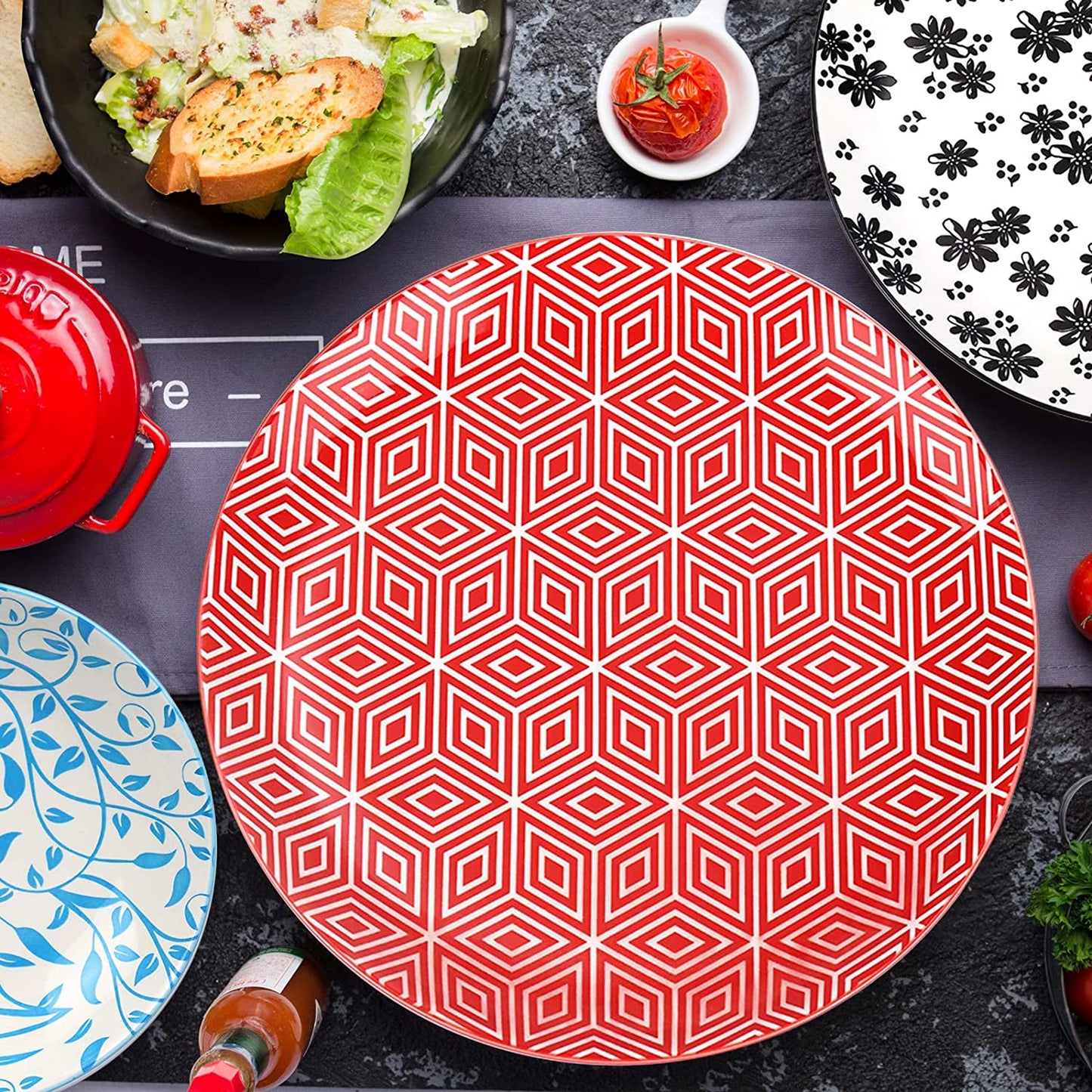 Ceramic Salad Plates Set, Colorful Serving Plates for Restaurant, Kitchen and Family Party Use, Dishwasher & Microwave Safe