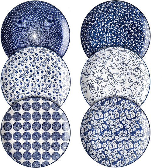 Selamica 10 inch Porcelain Dinner Plates, Large Size Serving Plate for Salad, Pancakes, Steak, Set of 6, Vintage Blue